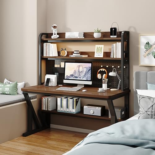 NOBBAT パソコンデスク 机 pcデスク 作業机 収納付きデスク 4段 勉強机 学習机 コンパクト 天板の厚さ3cm DIY収納用の有孔ボード付き 耐荷重300kg 複数の色が利用可能 省スペース 在宅勤務 頑丈で組立簡単 おしゃれ 勉強机(ウォルナッ