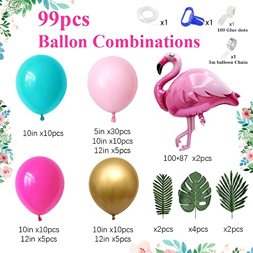 Sugoiti Flamingo Tropical Balloons Garland Arch Kit Rose Red Light Pink Cyan Metallic Gold 99Pcs Latex Balloon For Hawaiian Luau Safari Jungle Wild Animal Kids' Birthday Party #TOP1