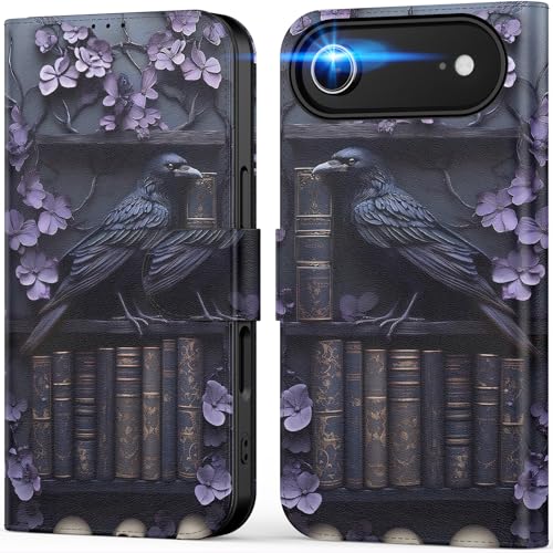 DEENAKIN for iPhone 17 Air Wallet Case with Card Holder + Cash Clip, RFID-Blocking, Military-Grade Drop Protection, Magnetic Closure with Leather Kickstand - Purple Floral & Raven by DEENAKIN - Used condition - US$4.97
