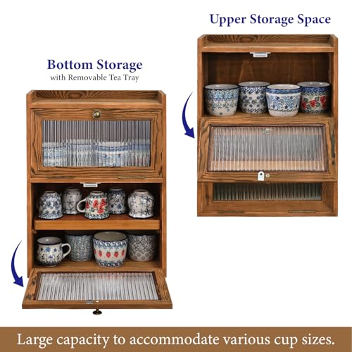 Ikee Design Rustic Wooden 2-Tier Countertop Storage Cabinet with Wavy Doors, Cupboard Organizer with Removable Bamboo Tea Tray, for Kitchen Pantry, Cups, Brown Color, 12.1W x 6.3D x 15.7H in - Image 6