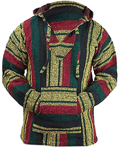 Del Mex Mexican Baja Hoodie Hippie Surf Poncho Sweater Sweatshirt Pullover Jerga (Medium Rasta Stripe)