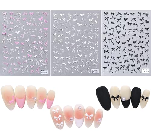 SIMAYKUWA Ribbon Bow Nail Art Stickers, 3-Sheet Nail Decals in Pink White Black Self-Adhesive Valentine's Day Nail Design Nail Supplies Nails Accessories for Women