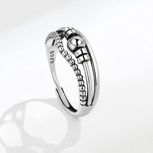 Vista 12 de Anillo de plata de ley 925 antiansiedad para mujeres y hombres, anillo de alivio de la ansiedad con cuentas, anillos giratorios para ansiedad