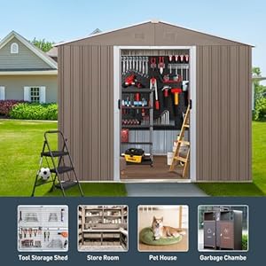 108ftoutdoormetalstorageshedlargegardenshedswithfloorbasewindowslidingdoorsandpadlockforgardenbackyardlawneasytoassemblegrey Urban Country Home Decor 108ft outdoor metal storage shed large garden sheds with floor base windowsliding doors and padlock for gardenbackyardlawneasy to assemblegrey urban country home decor
