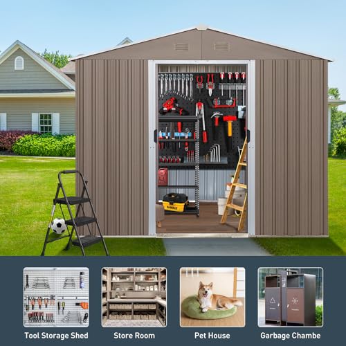 108ftoutdoormetalstorageshedlargegardenshedswithfloorbasewindowslidingdoorsandpadlockforgardenbackyardlawneasytoassemblegrey Urban Country Home Decor 108ft outdoor metal storage shed large garden sheds with floor base windowsliding doors and padlock for gardenbackyardlawneasy to assemblegrey urban country home decor