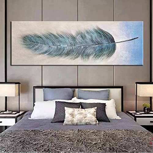 Peinture toile plume bleue dégradé abstrait HD tableau mural salon maison 50x150cm