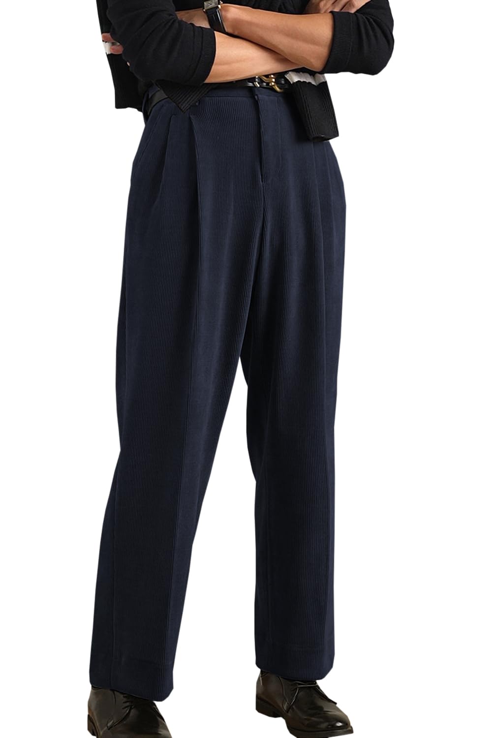 Mens Corduroy Pants Vintage Casual Straight Leg Classic Fit Pleated Dress Pants