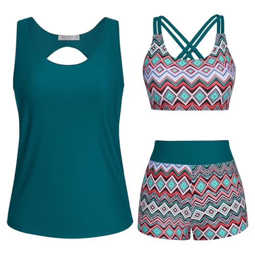 Generisch 3-teiliger Tankini Damen Bauchweg Bademode Set Tank Top mit Push-up-Bikinioberteil und High Waist Badeshorts Boho Einfache Badebekleidung Damen-Sport-Badeanzug für Schwimmbad Strand