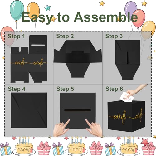 Image of Black Card Box with Gold Foil Design, Paperboard 8.7 inch Card Box for Birthday Wedding Party Graduation Retirement Anniversary Valentine's Day & Baby Showers Halloween, Raffle or Money Box