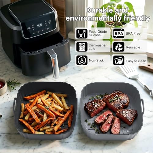 Image of Square Silicone Air Fryer Liners 2 Pack, 8.5 Inch Reusable Air Fryer Liners for 5-6.5QT, Compatible with Ninja AF141 /AF181, COSORI, Non-Stick Silicone Basket Accessories