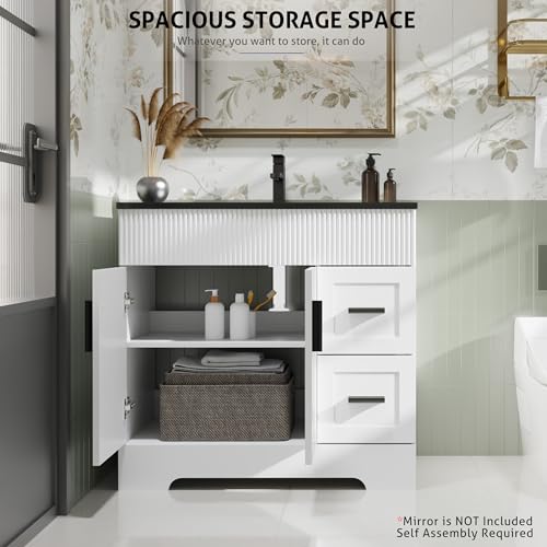 Image of eclife 36 inch Bathroom Vanities Sink Combo with Painted Surface, Modern Drawered Cabinet W /Decorative Wave Lines, Undermount Black White Sink, Matte Black Faucet Drain, White