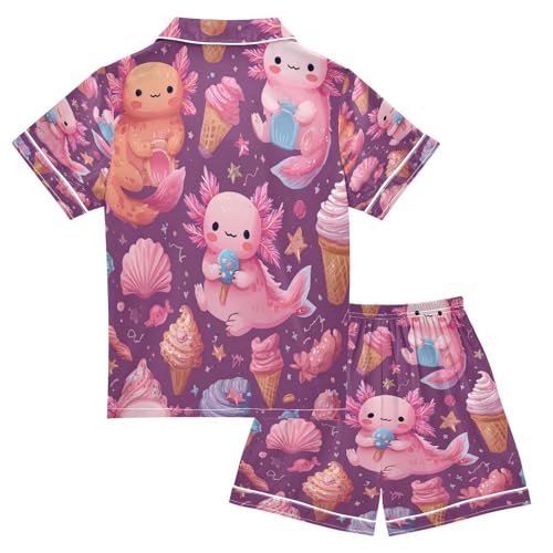 Satin Pajama Sets Short Sleeve Cute Axolotls Ice Cream Button Down Silky Nightwear 2 Piece PJS 5-14Y2