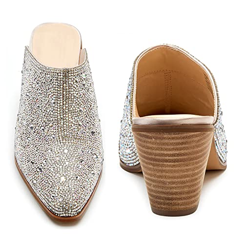 Mucccute Mules Heels For Women Rhinestone Sandals Anti-Slip Chunky Stacked Pointed Toe Womens Mules With Heels #TOP2