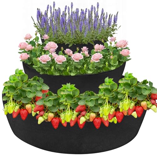 Wenfan 3 Tiered Strawberry Planter Non-Woven Fabric Raised Garden Bed Stackable Strawberry Planter Bag Felt Raised Container for Growing Vegetables Herb Plant, 8 Inch Deep, Round