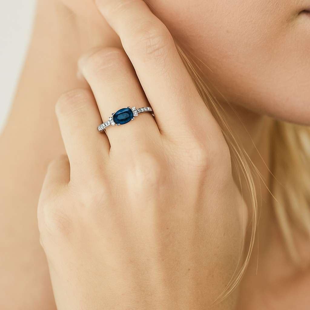 Natural London Blue Topaz Oval Ring for Women with Diamonds – 14K Rose/Yellow/White Gold or 925 Sterling Silver – Elegant December Birthstone Engagement, Promise & Anniversary Ring