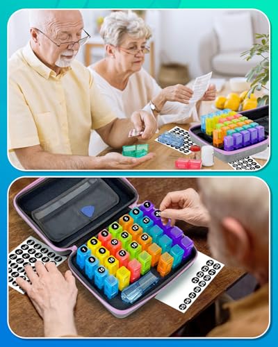 Image of Monthly Pill Organizer 2 Times a Day with Weekly Pill Bags, Portable Hard Shell Case, Pill Cutter & Opener Pick, Monthly and Weekly Stickers for Medication Management (Purple, 2 Times a Day)