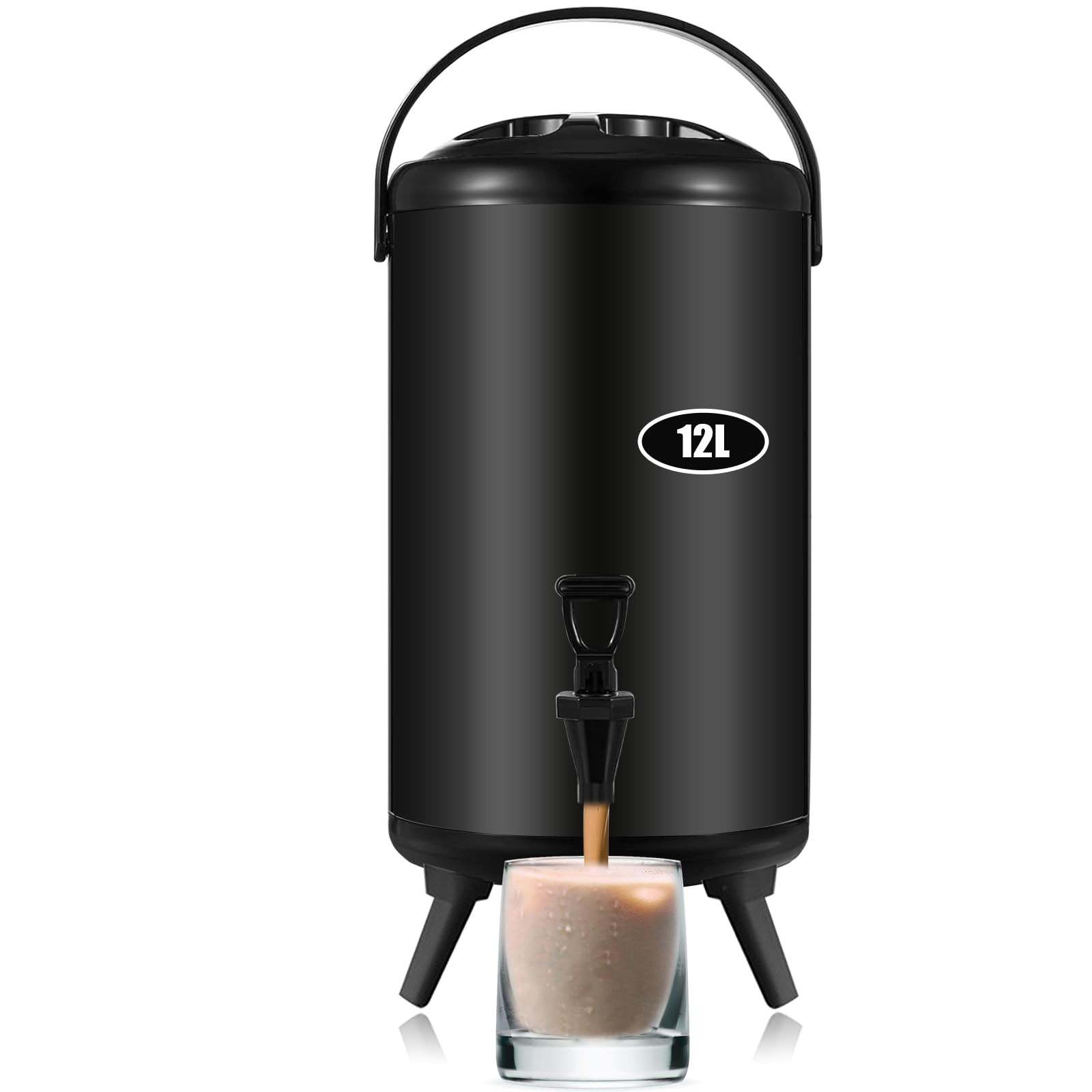 12L Stainless Steel Insulated Beverage Dispenser Hot Beverage Dispenser Cold and Hot Drink Dispenser with Thermometer with Spigot for Hot Water Tea Milk Juice, BLACK