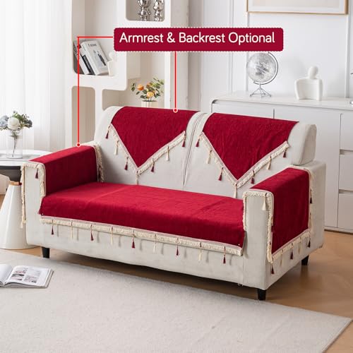 Image of HOKIPO 'Serenity Tassel' Chenille 2 Seater Sofa Cover with Tassel - Crimson Ruby (IN-891-MRN)