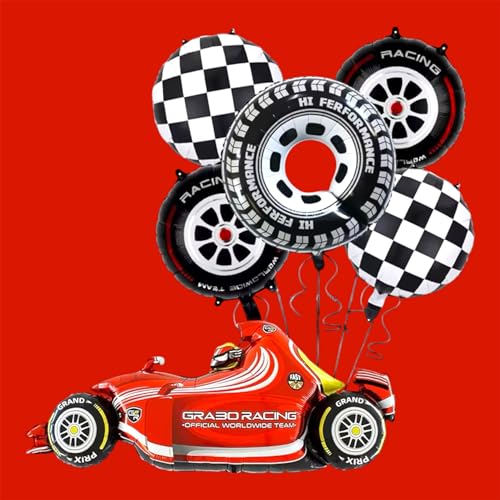 Image of Party Warehouse Racing Car Balloon Set for Boys Birthday-6Pcs |Race Theme Foil Balloons for Race Lovers|Red Car, Tyre & Checkered Flag Balloons for Kids /Adults Party Decorations