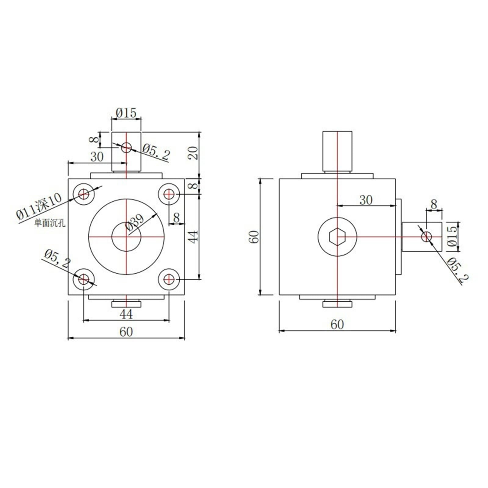 Reductor de Engranajes de dirección en ángulo， Caja de Engranajes de ángulo Recto Vertical de 15 x 20 mm con Eje Doble y Marcha atrás de 90 Grados
