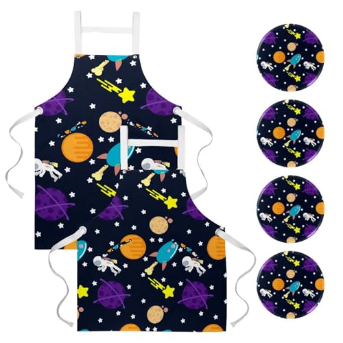 Lot de 2 tabliers de cuisine motif astronaute espace avec 4 broches pour bar et resto
