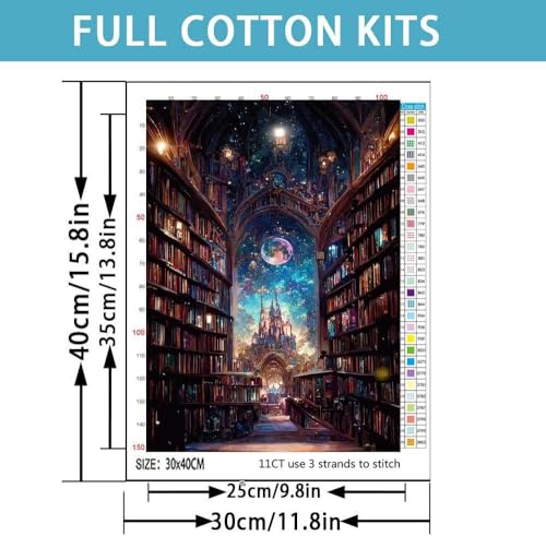Image of Castle Stamped Cross Stitch Kits for Adults -Library Embroidery Kits for Beginners Adults,11 CT Patterns Dimensions Counted Cross Stitch Kits for Adults Arts Craft 12x16 inch