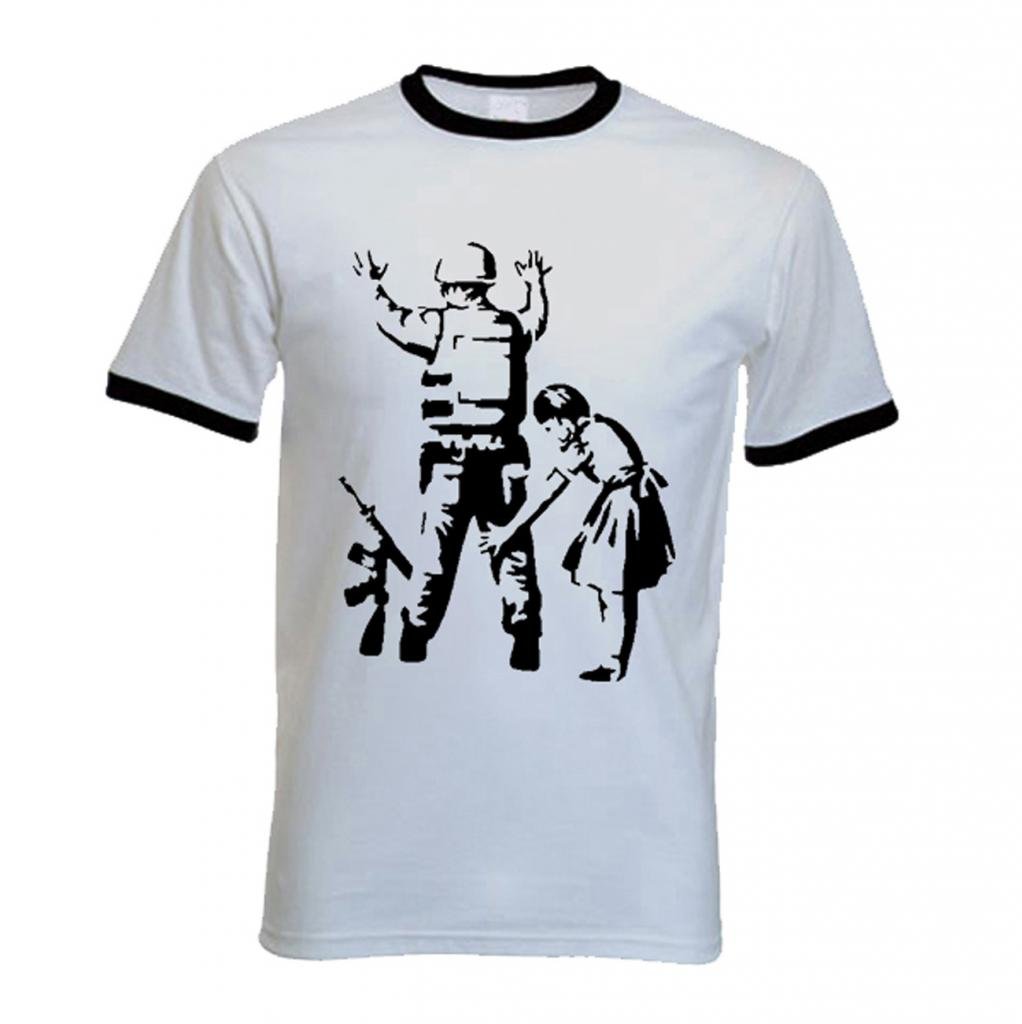 Tribal T-Shirts White Banksy Soldier Frisk Ringer T-Shirt (Medium, )