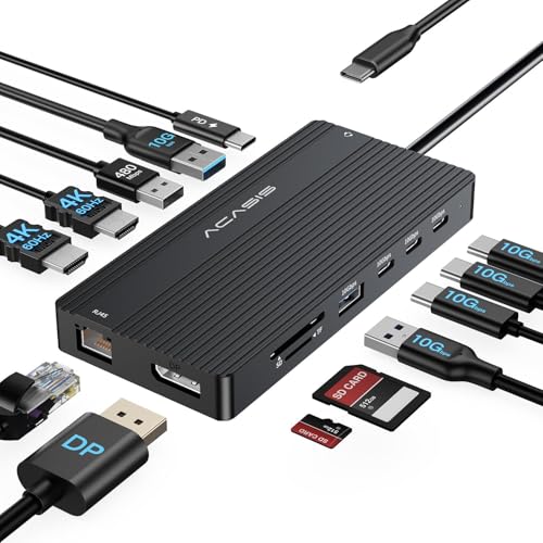 Estação de ancoragem USB C, monitor duplo, hub USB C 14 em 1, adaptador com 2 HDMI + DP (4K60Hz), Ethernet, 3 USBC 10G, 100W PD, SD/TF, áudio, estação de ancoragem para laptop Dell/HP/Lenovo/ThinkPad