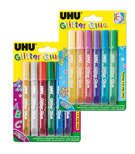 UHU Glitter Glue, Glitzerkleber zum Basteln in Tube mit feiner Dosierspitze, 6 x 10 ml (2er Set (Shiny & Original))