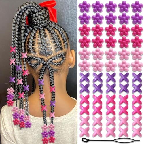 Auroriel 60 perles à cheveux fleuries pour enfants filles, perles à tresses multicolores, mélange de violet, rose et rose clair avec aide à l'enfilage