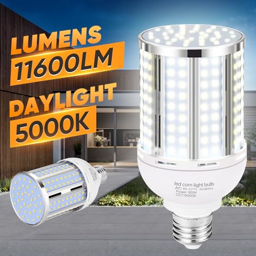 80W LED Corn Light Bulb(2 Pack),(800 Watt Equivalent) Fanless E26/E39 Medium/Large Mogul Base LED Cob Lamp 5000K Daylight 11,600LM for Outdoor Indoor Garage Warehouse Factory Workshop Street Backyard by XYCN - Used condition - Image 2