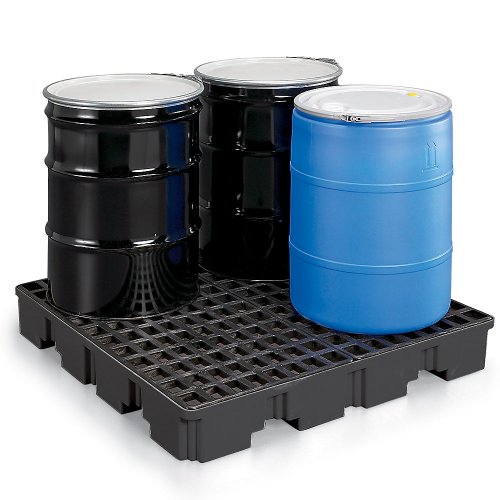 Image of Eagle 4 Drum Spill Containment Pallet with Drain and Forklift Pockets, 51.5 inchx51.5 inchx8 inch, 66 Gallon Sump, 8,000 lbs. Load Capacity Secondary Containment Pallet, Made in USA, Black, 1645B