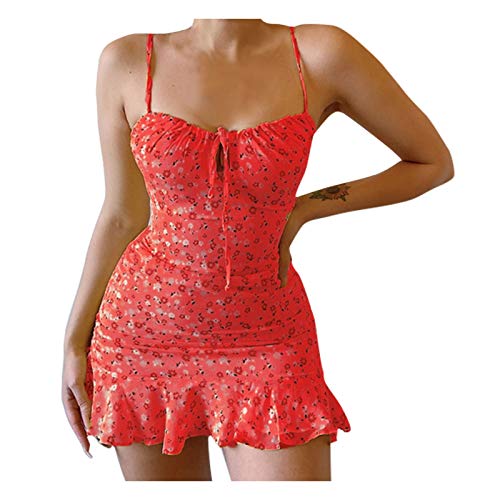 Nidddiv Langärmeliges Kostümkleid für Damen, Kleid mit Blumenmuster, Damenkleid, rot, X-Large