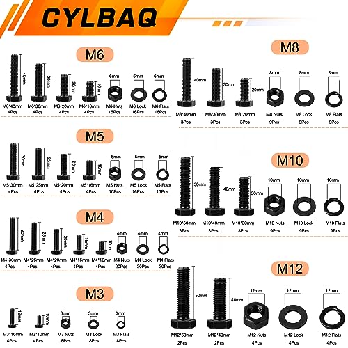 CYLBAQ 328PCS Hex Head Screws Bolts Nuts and Washers Set Kit, M3 M4 M5 M6 M8 M10 M12 Outer Hexagonal Screw Assortment Set - Image 2