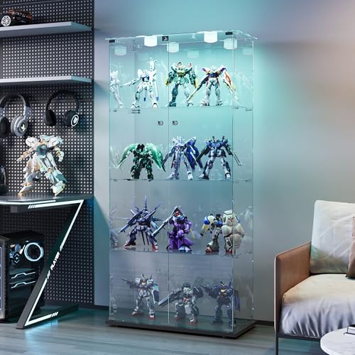 Vitrine en Verre avec LED,Armoire Vitrine pour Collection Transparent Meuble vitrine Verre avec 2 Portes à Serrure et 4 Étagères Vitrines Salon Bar,163x78.5x35 cm, Noir