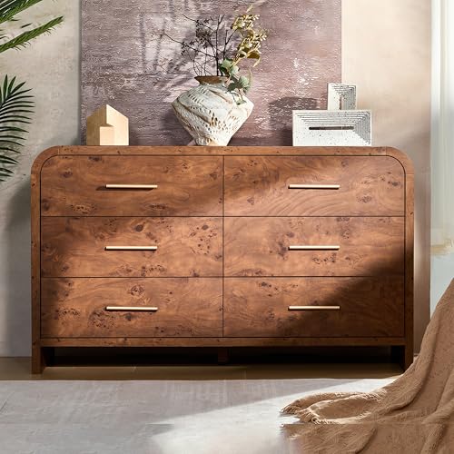 Image of Curved 6-Drawer Dresser for Bedroom, 54 inch Wide Modern Chest of Drawers, Vanity Desk TV Stand for Living Room, Closet Storage Drawers Organizer Furniture, Nursery, Dark Burl