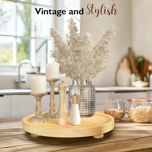 Luxspire Round Wooden Tray for Bathroom, Coffee Table, Farmhouse Kitchen Counter - 10\" Burlywood Wood Riser Decor