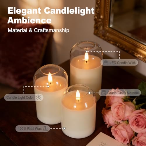 Image of LEDHOLYT Rechargeable Glass Jar Flameless Candles, Realistic Flickering LED Pillar Real Wax Candle with Remote Control and Timer, Ideal for Living Room, Bedroom & Festival Home Decor, 1 Set of 3