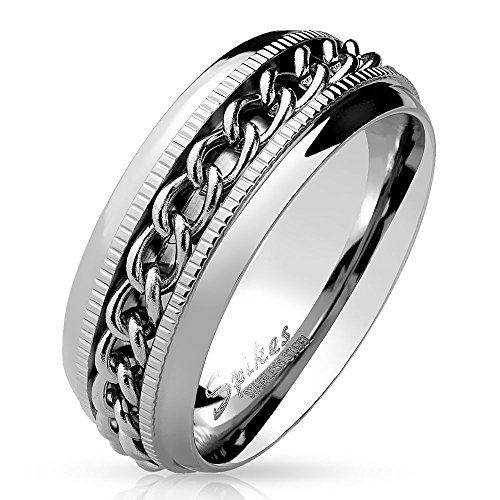 Bungsa spinner ring, stainless steel, silver, ring for men and women, with chain, rotating jewellery ring for women and men, stainless steel chain rings, silver Silver