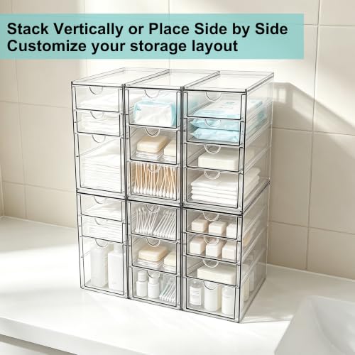 Image of Prsildan Stackable Desk Organizers with 20 Drawers, Craft Storage Drawer | Anti-slip Clear Acrylic Teacher Toolbox, Makeup Vanity Organizer for Nail, Bathroom Kitchen Office Organization, 6 Pack