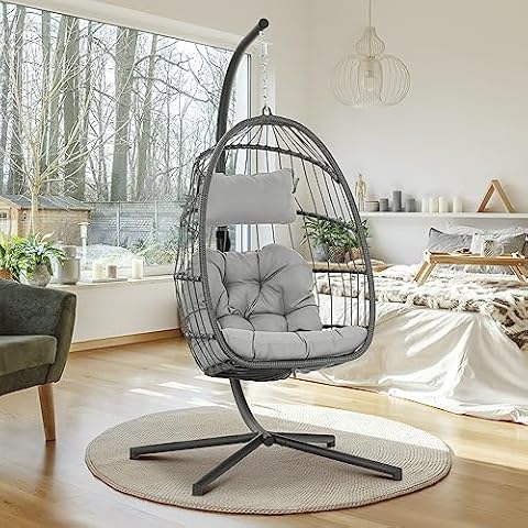 Brafab Swing Egg Chair, Hammock Chair, Hanging Chair, Aluminum Frame and UV Resistant Cushion with Steel Stand for Indoor Outdoor Patio Bedroom Wicker Rattan Hand Made Chair 350LBS Capacity Cover