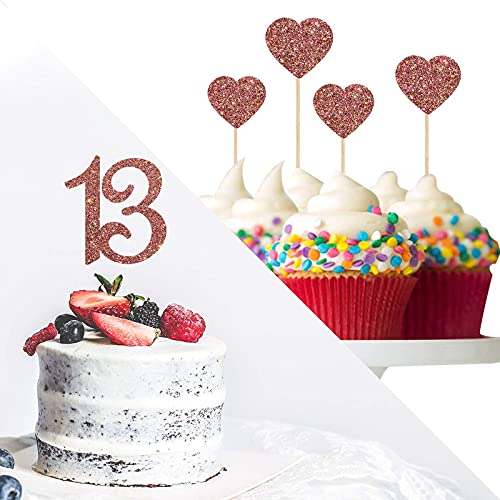 Image of Festiko 13 Cake Topper for 13th Birthday Cake Topper with Heart Cupcake Toppers, Number Thirteen, 13 Years Old, Teenager Birthday Wedding Anniversary Party Decorations (Rose Gold Glitter 5pcs)