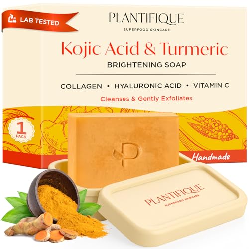 PLANTIFIQUE Jabón de Cúrcuma y Ácido Kójico, 1 Barra con Funda de Silicona - Jabon Cara para Manchas, con Vitamina C Ácido Hialurónico y Colágeno - Turmeric & Kojic Acid Soap 80 g