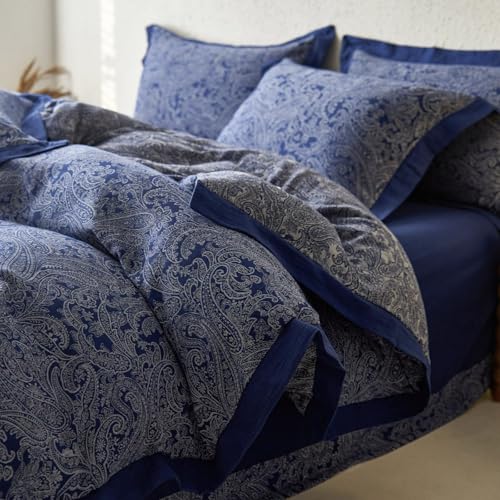 VM VOUGEMARKET Navy Blue Duvet Cover Queen,3 Pieces Retro Boho Paisley Bedding Set,Linen Cotton Yarn-Dyed Textured Duvet Cover with Zipper Closure