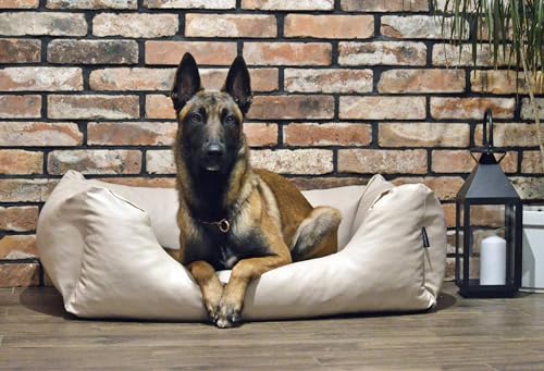 4L Textil Mario Hundebett Kunstleder Hundekorb aus Kunstleder Wasserfestes Hundebett mittelgroße Hunde Hundesofa Lederoptik (100x70 cm, Beige)