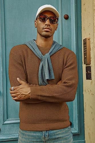 Image of ColorChakra Waffle Knit Mens Sweater Woolen Round Neck Wool Pullover