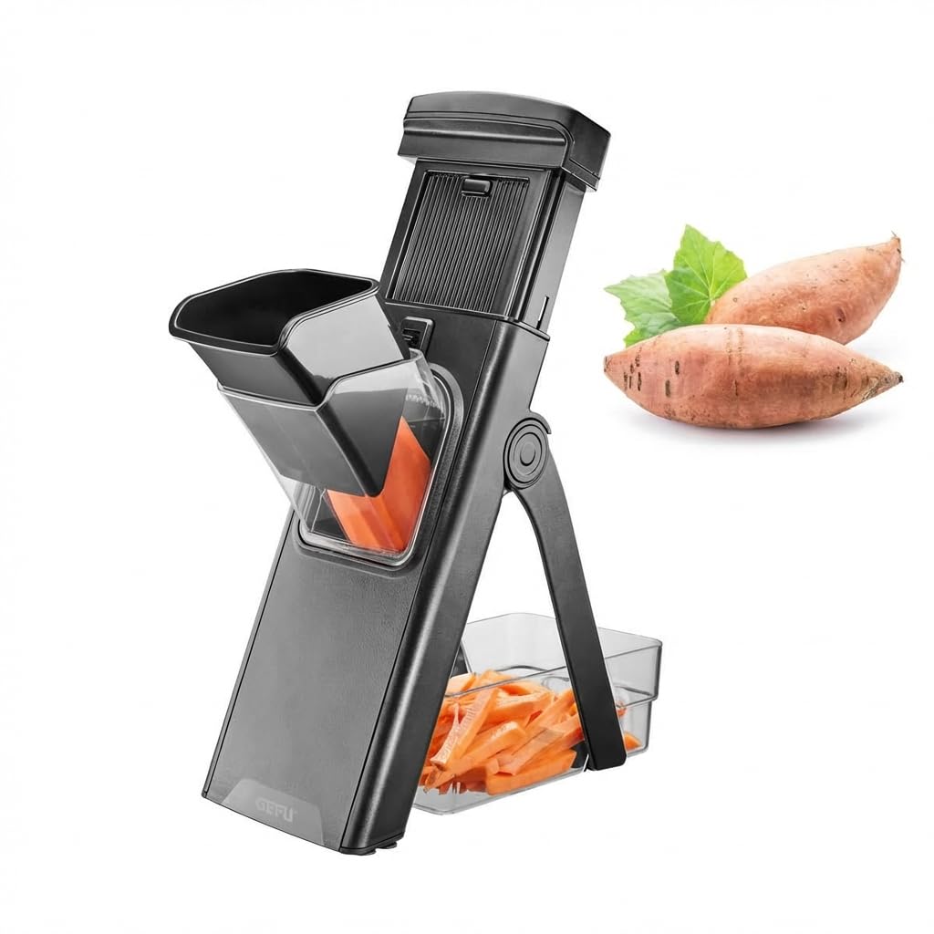 GEFU Affettatrice per patate dolci e verdure per fette e strisce di julienne, con contenitore, regolazione della lama, antiscivolo, in acciaio inox
