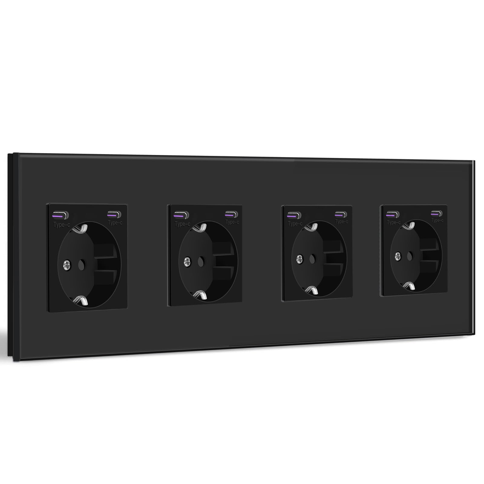 BSEED gniazdo Schuko z ładowaczem szybkim Type C 20W, gniazdo Type C + Type C podtynkowe, 4-fakowe gniazdo ścienne zgodne ze standardem UE z szklaną płytką, 299mm, czarne