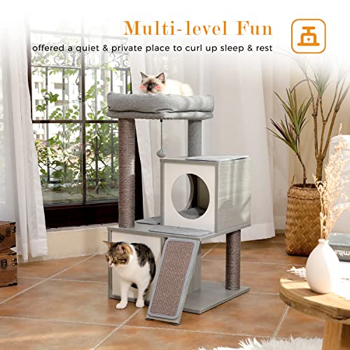 Pawz Road Cat Tree 35 Inches Wooden Cat Tower With Double Condos, Spacious Perch, Fully Wrapped Scratching Sisal Posts And Replaceable Dangling Balls-Gray #TOP6
