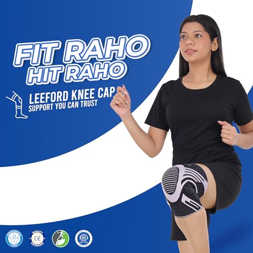 Image of Leeford Knee Cap Compression Support, Men & Women, Black-Purple, M | Pair, Anti-Slip Knee Sleeves, For Gym, Running & Pain Relief